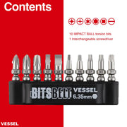 VESSEL (2200MBH120K01) BALL GRIP Interchangeable Ratchet Screwdriver 10PC. Bit Set - Pacific Power Tools