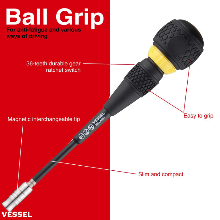 VESSEL (2200MBH120K01) BALL GRIP Interchangeable Ratchet Screwdriver 10PC. Bit Set - Pacific Power Tools