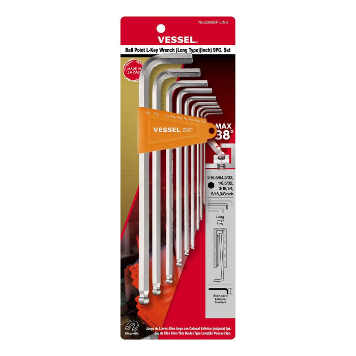 VESSEL (8309BPLINU) Ball Point Hex L - Key Wrench (Long Type) (Inch) 9PC. Set - Pacific Power Tools