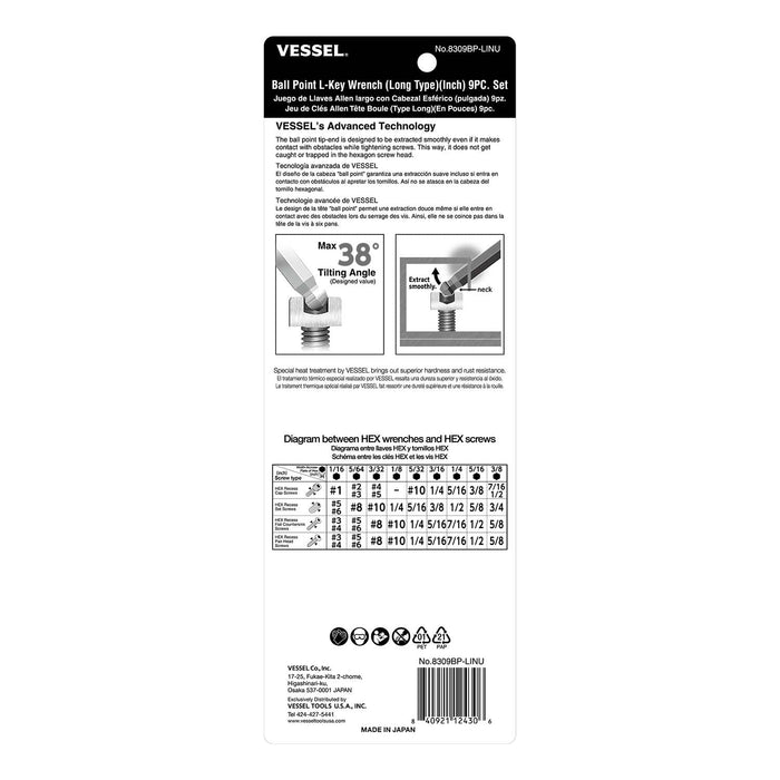 VESSEL (8309BPLINU) Ball Point Hex L - Key Wrench (Long Type) (Inch) 9PC. Set - Pacific Power Tools