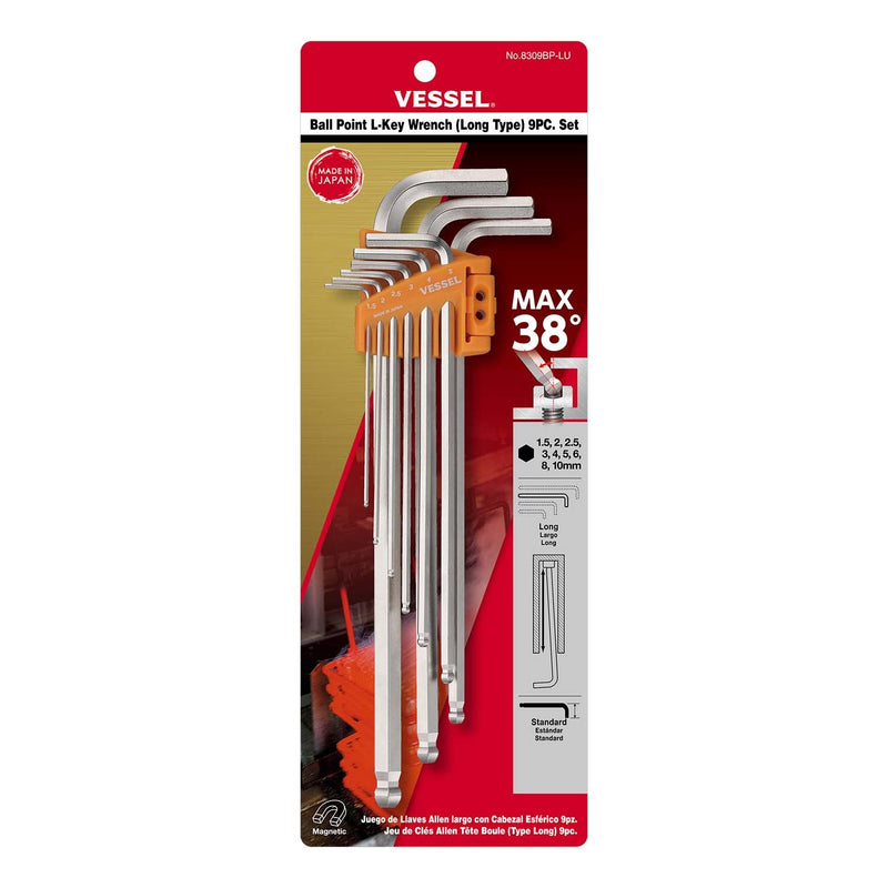 VESSEL (8309BPLU) Ball Point Hex L - Key Wrench (Long Type) 9PC. Set - Pacific Power Tools