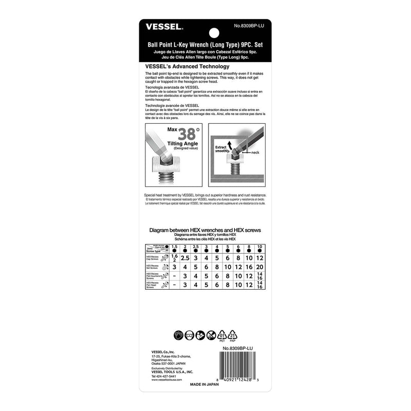 VESSEL (8309BPLU) Ball Point Hex L - Key Wrench (Long Type) 9PC. Set - Pacific Power Tools