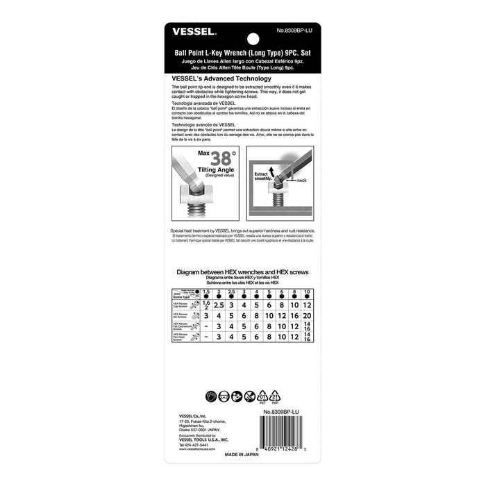 VESSEL (8309BPLU) Ball Point Hex L - Key Wrench (Long Type) 9PC. Set - Pacific Power Tools