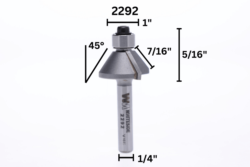 Whiteside (2292) 45 Deg Chamfer Bit, 5/16CL, 1/4SH - Pacific Power Tools